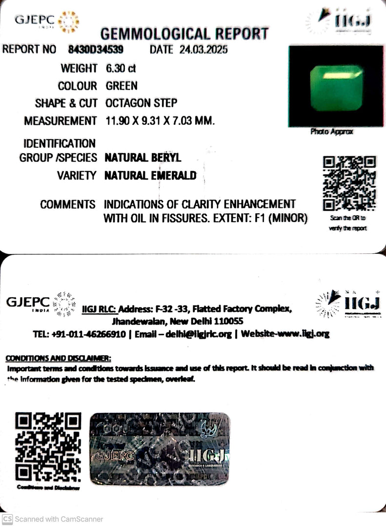 6.30/CT Natural Panna Stone with Govt. Lab Certificate