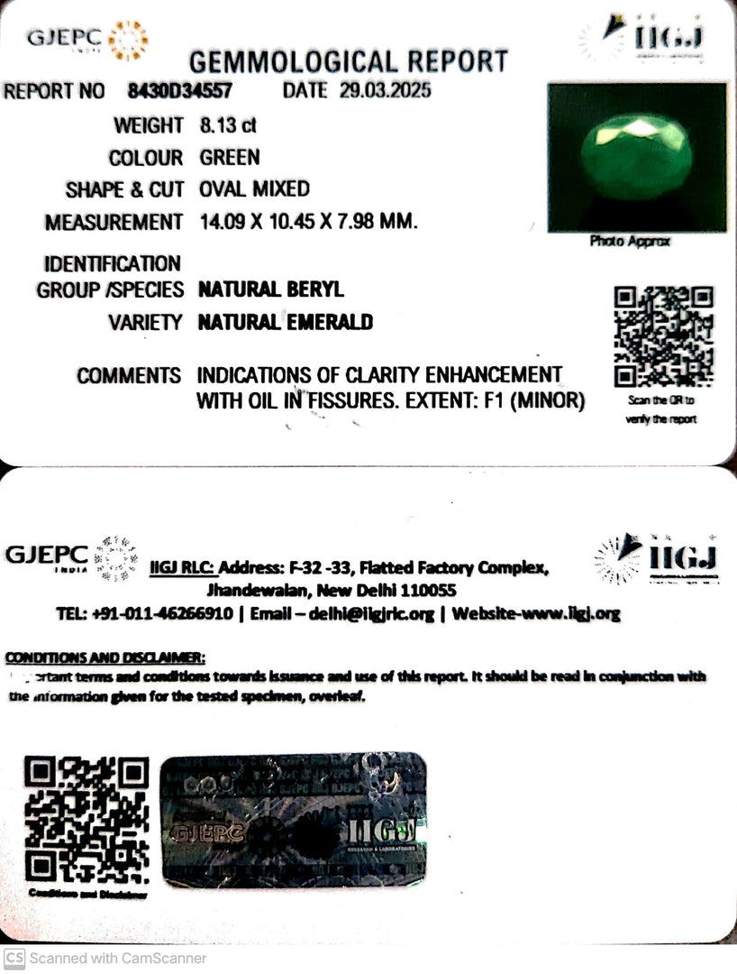 8.13/CT Natural Panna Stone with Govt. Lab Certificate