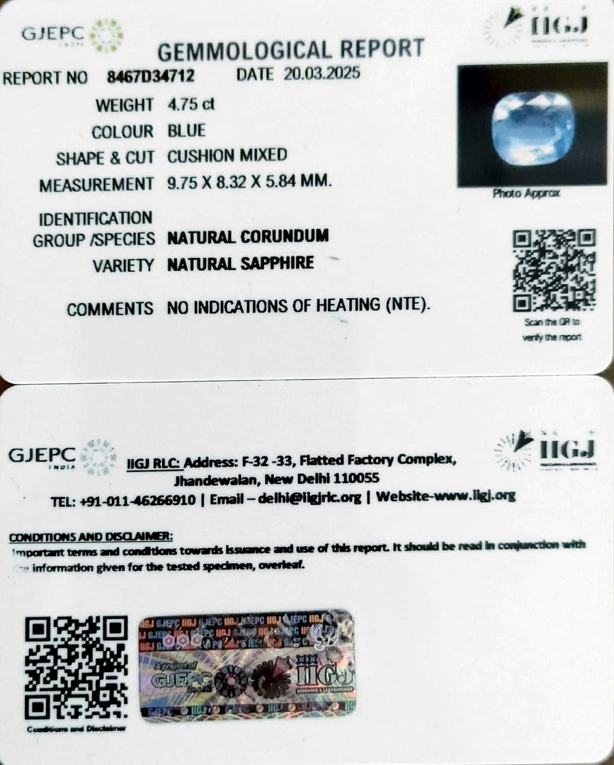 4.75/CT Natural Blue Sapphire With Govt Lab Certificate