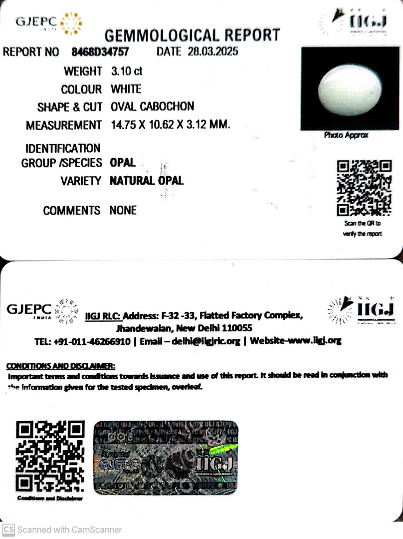 3.10/CT Natural Opal with Govt. Lab Certificate