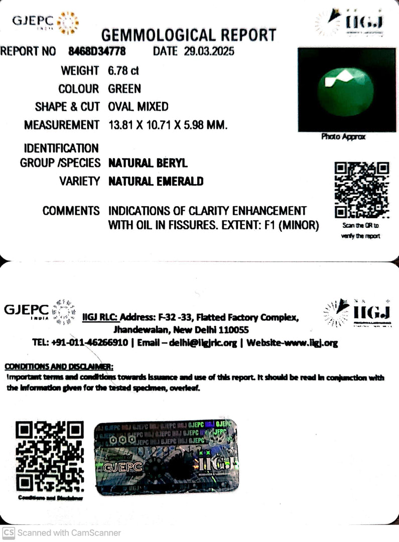 6.78/CT Natural Panna Stone with Govt. Lab Certificate (3441)