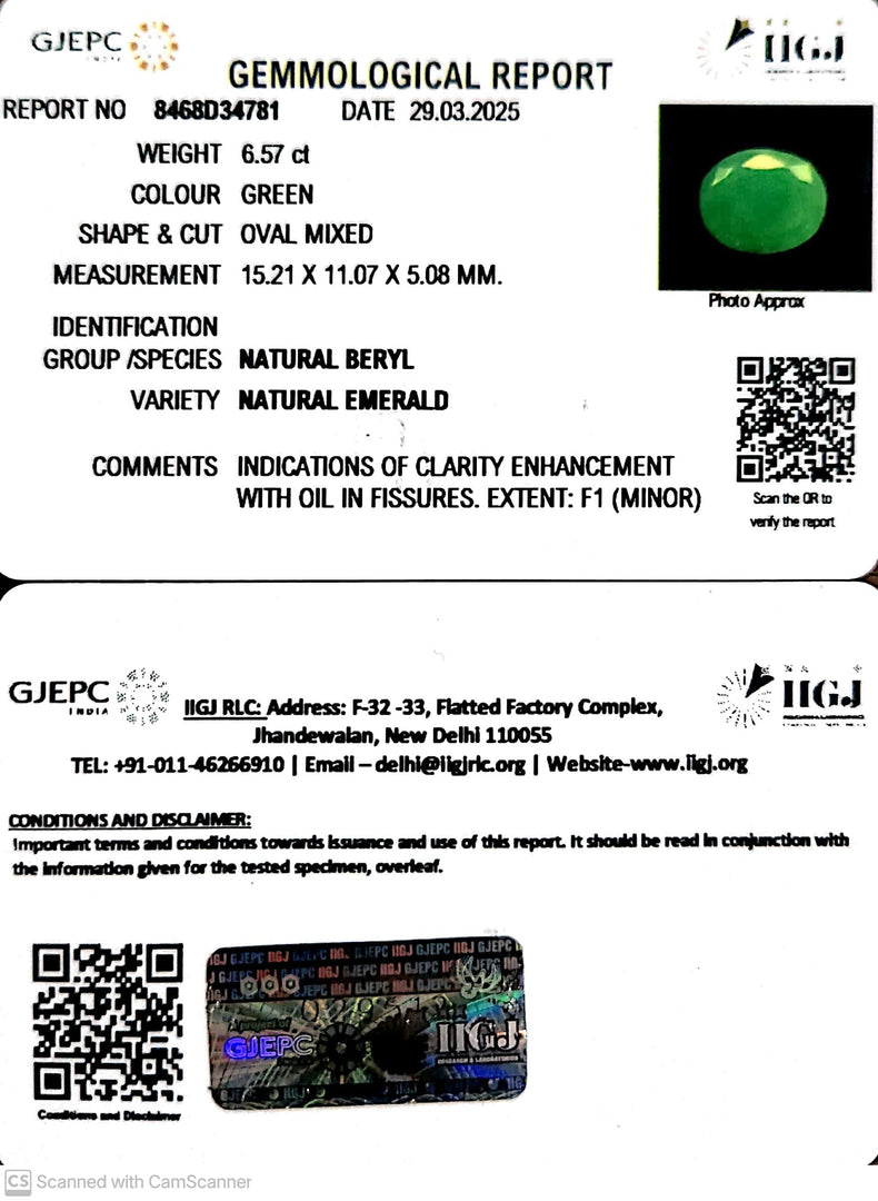 6.57/CT Natural Panna Stone with Govt. Lab Certificate (2331)