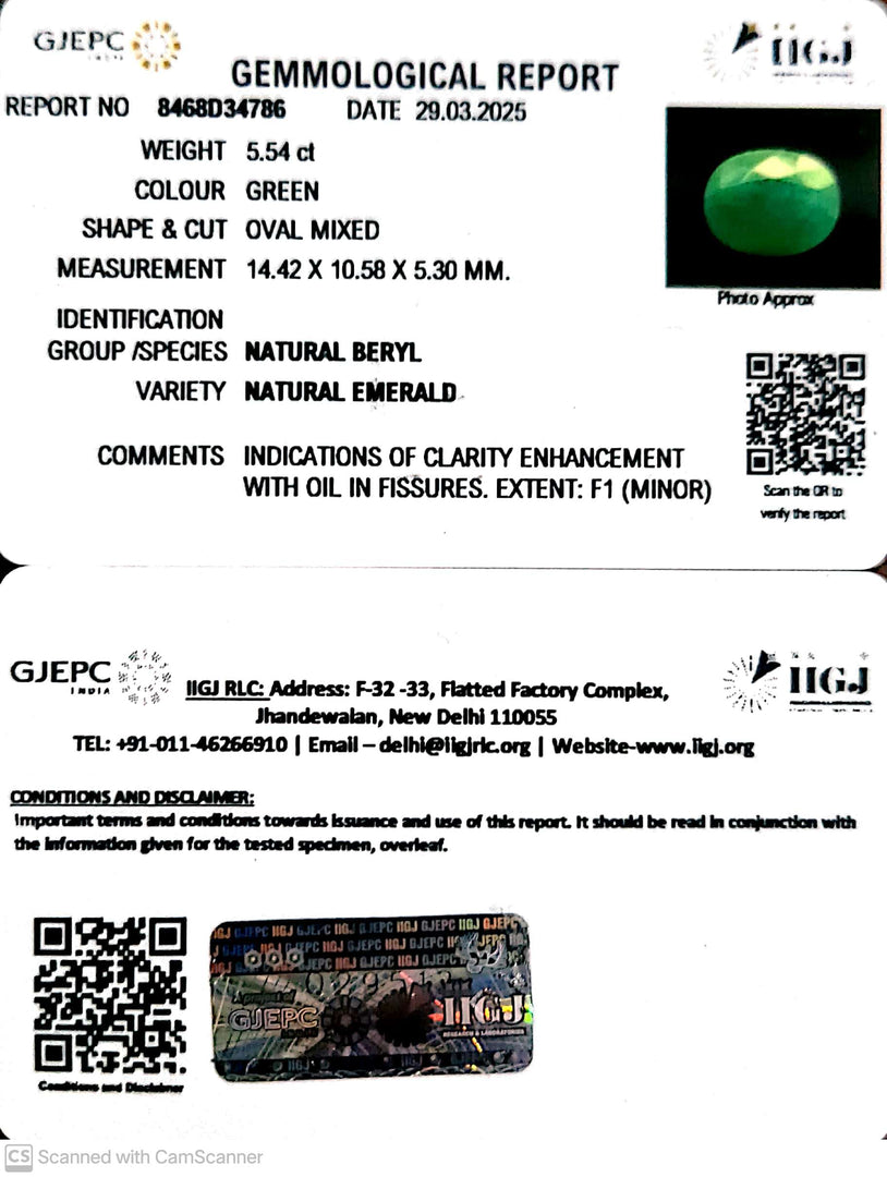 5.54/CT Natural Panna Stone with Govt. Lab Certificate (4551)