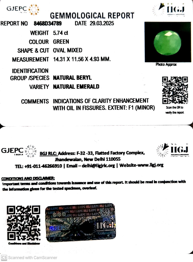 5.74/CT Natural Panna Stone with Govt. Lab Certificate (2331)
