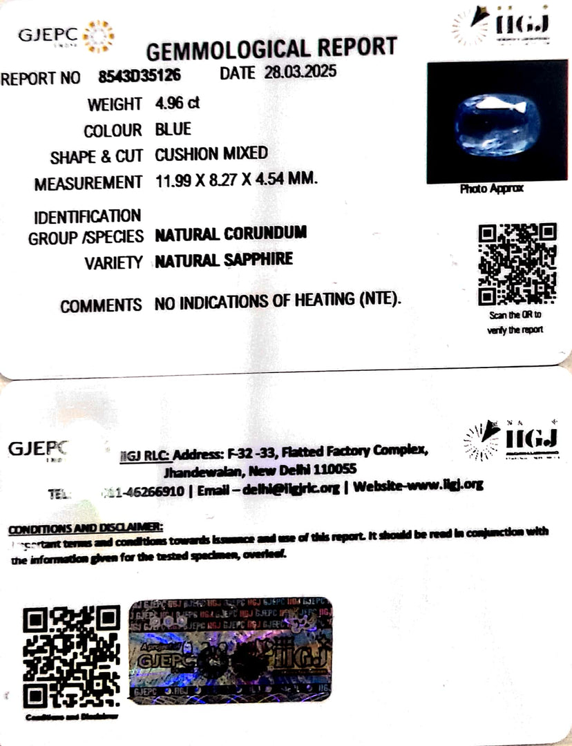 4.96/CT Natural Blue Sapphire With Govt Lab Certificate