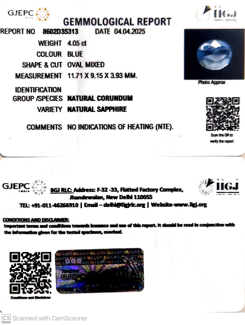 4.05/CT Natural Blue Sapphire with Govt Lab Certificate (23310)