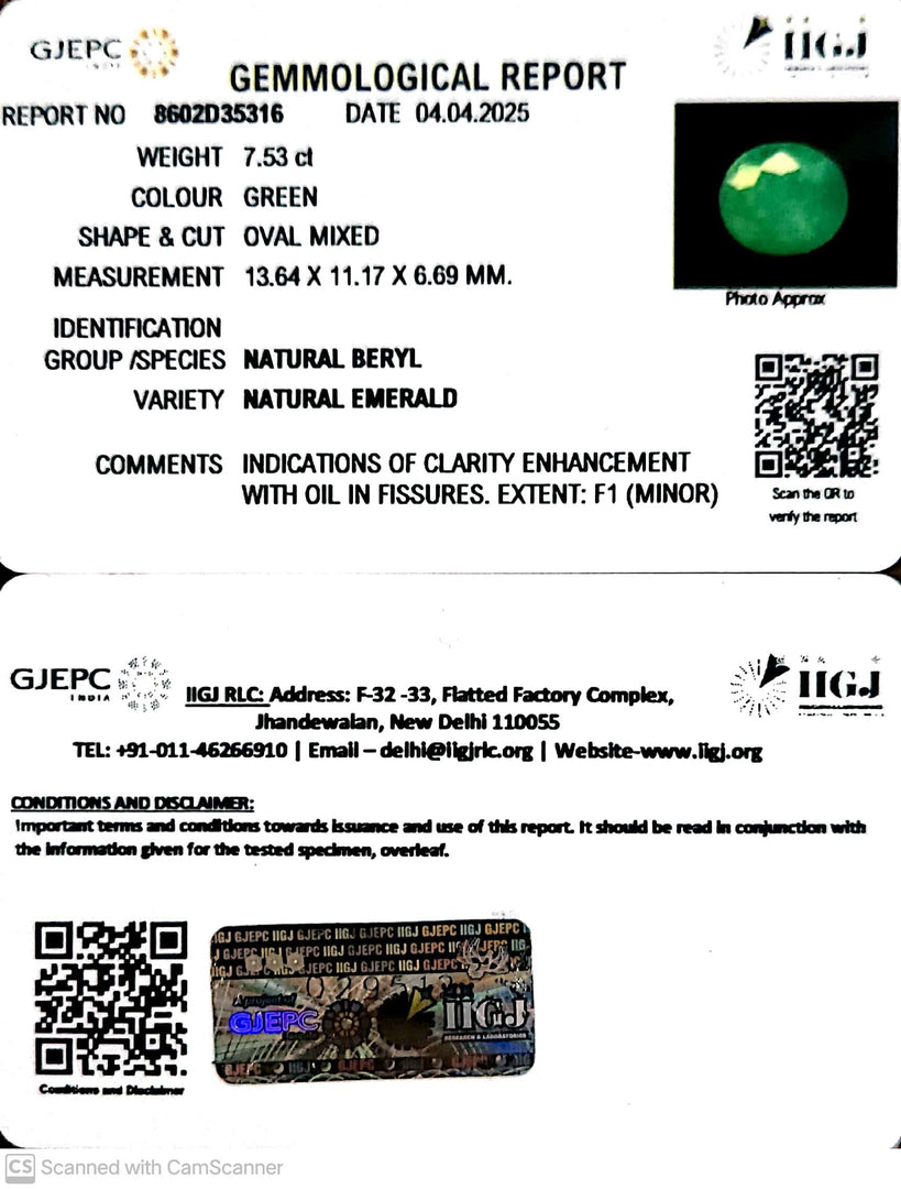 7.53/CT Natural Panna Stone with Govt. Lab Certificate