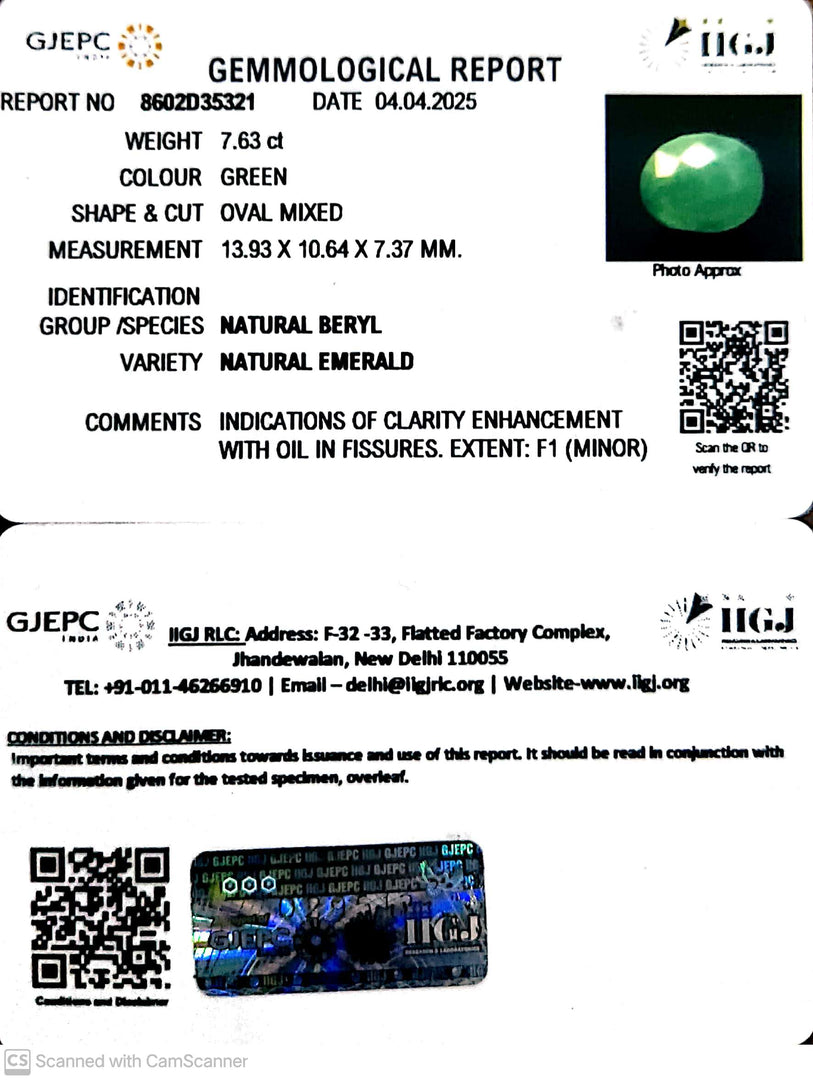7.63/CT Natural Panna Stone with Govt. Lab Certificate