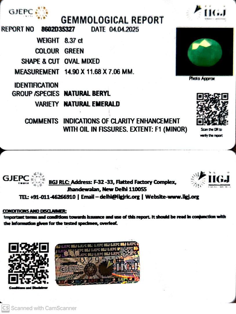 8.37/CT Natural Panna Stone with Govt. Lab Certificate
