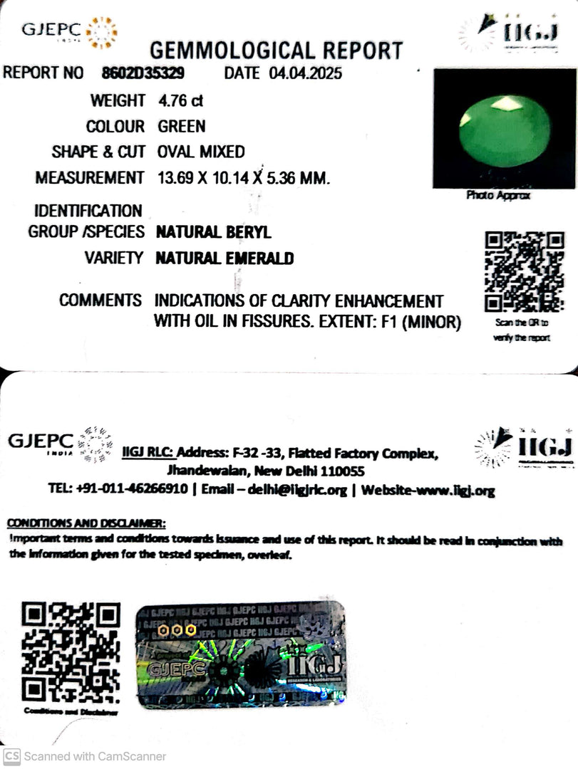 4.76/CT Natural Panna Stone with Govt. Lab Certificate