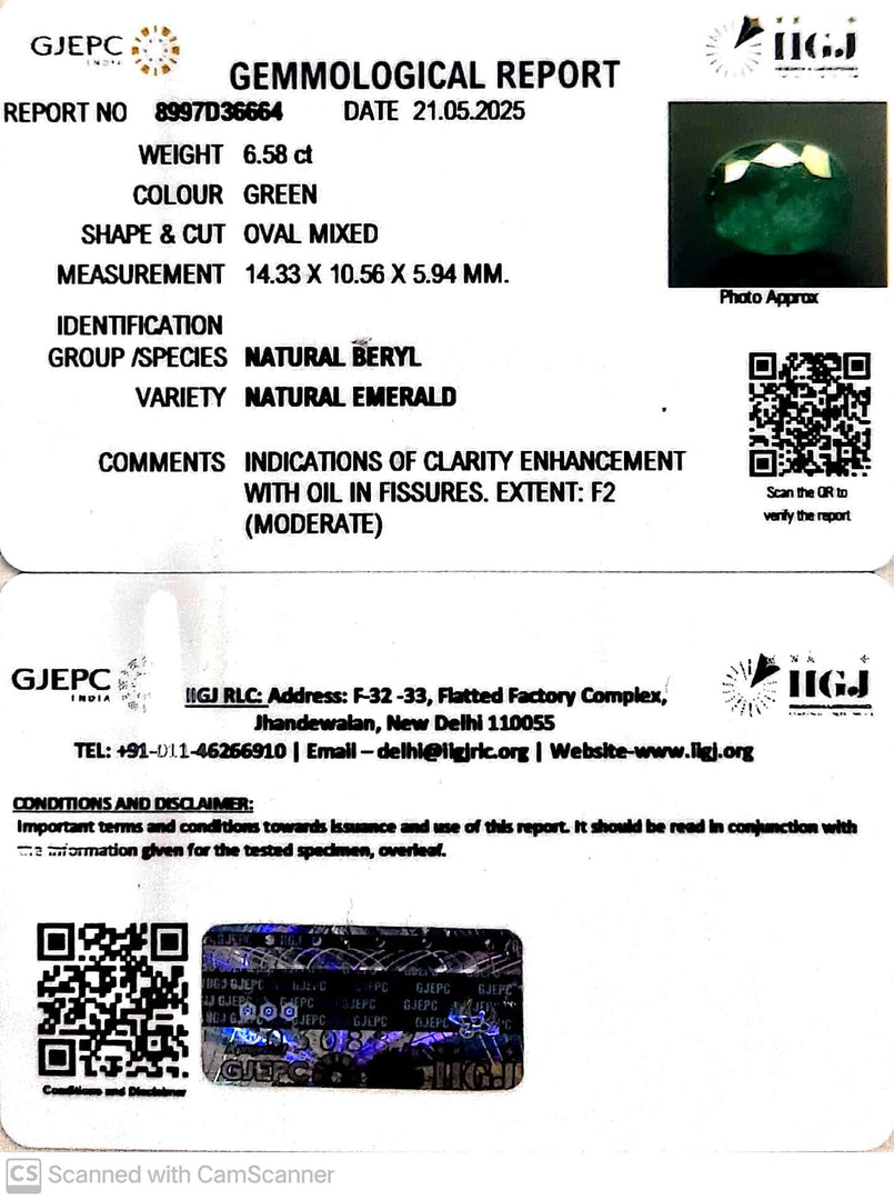 6.58/CT Natural Panna Stone with Govt. Lab Certificate (34410)