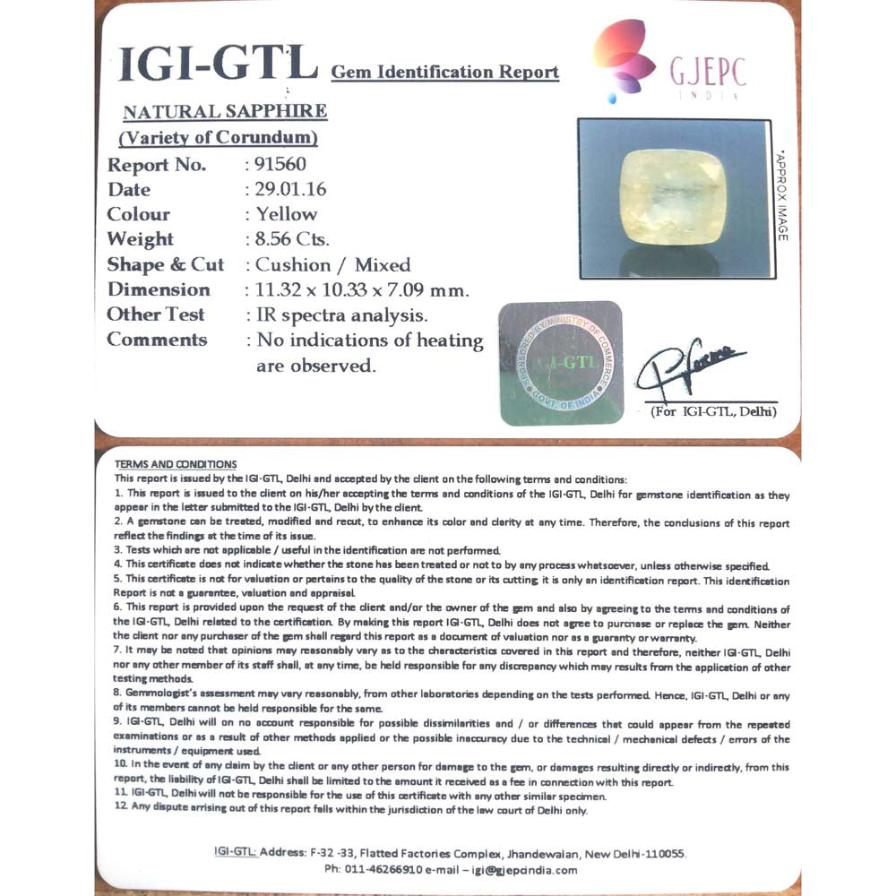 9.51 Ratti Natural yellow sapphire with Govt Lab Certificate-(YELSA9T)