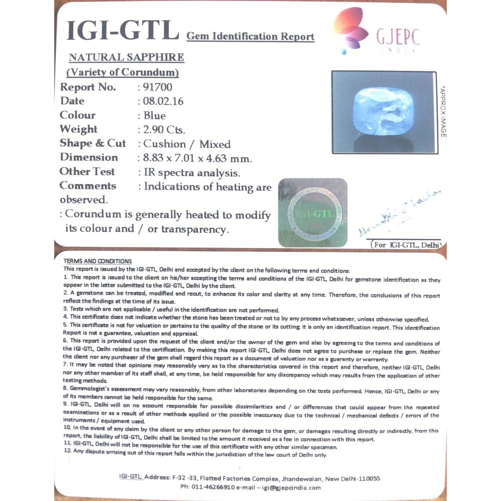 2.90/CT Natural Blue Sapphire with Govt Lab Certificate-BLUSA9T
