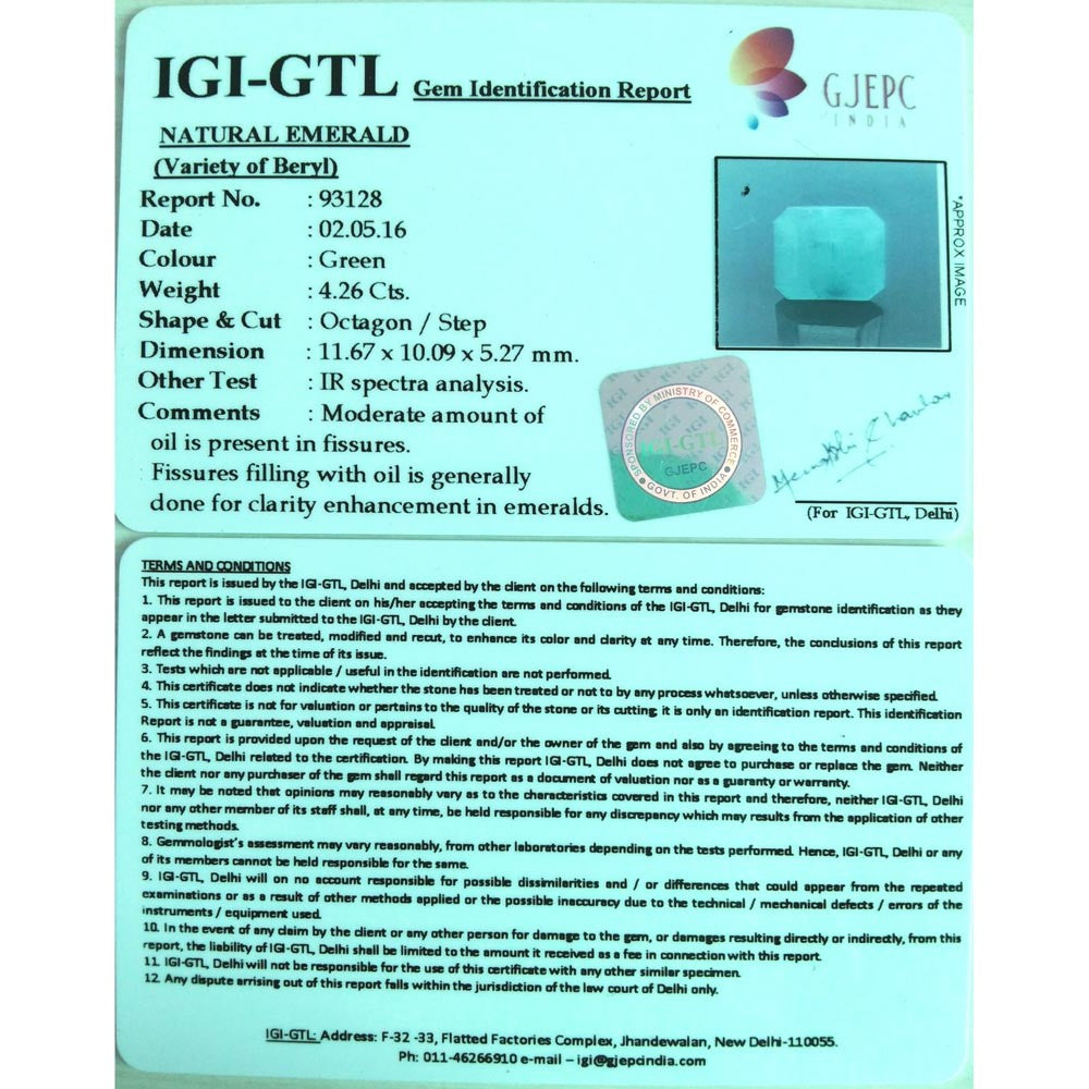 4.26/CT Natural Emeraid Stone With Govt Lab Certificate (3441)