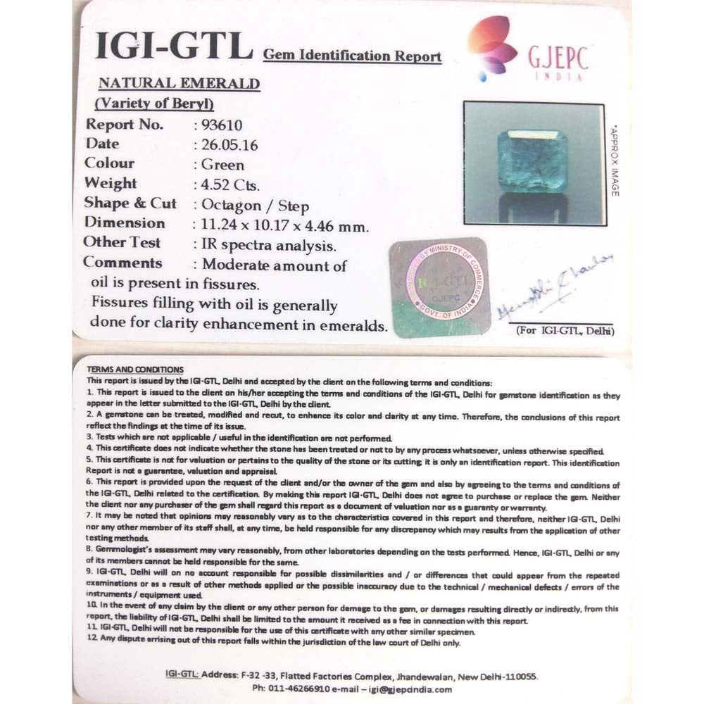 4.52/CT Natural Panna Stone with Govt. Lab Certificate (6100)