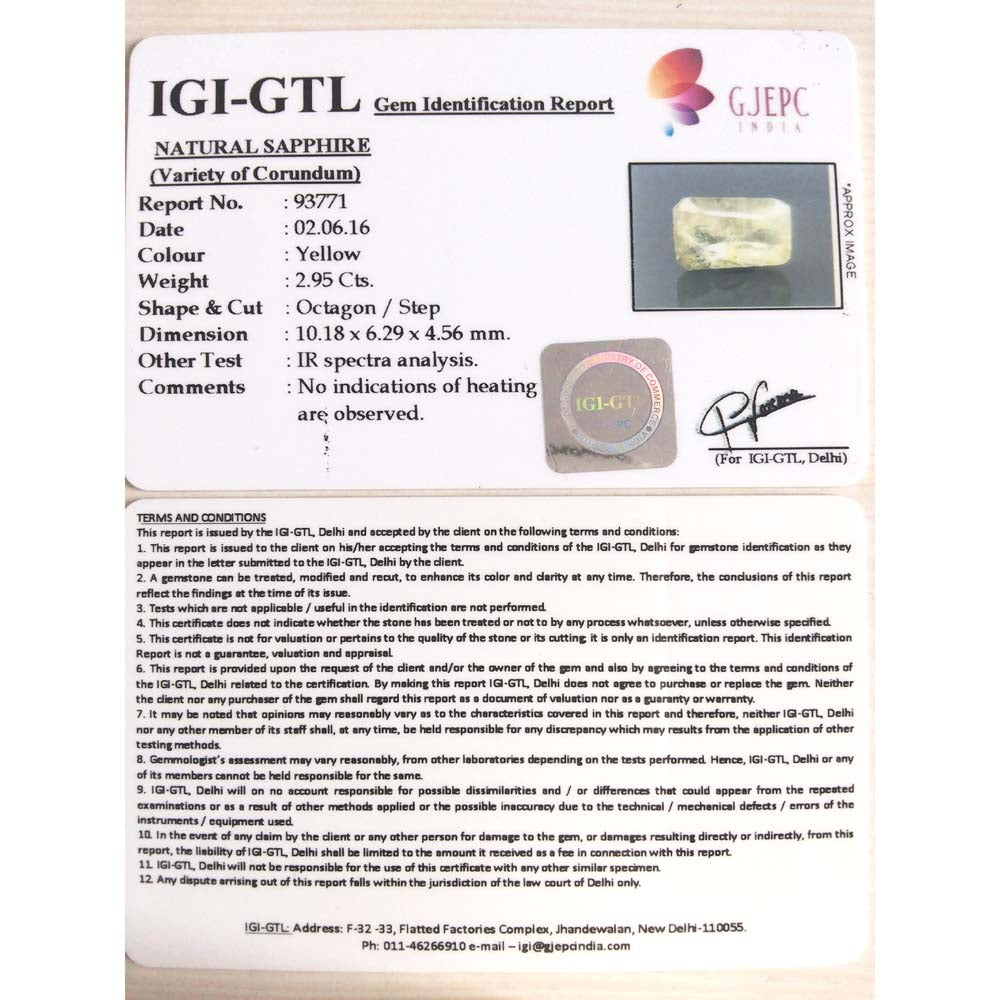 3.28 Ratti Natural yellow sapphire with Govt Lab Certificate-(6100)
