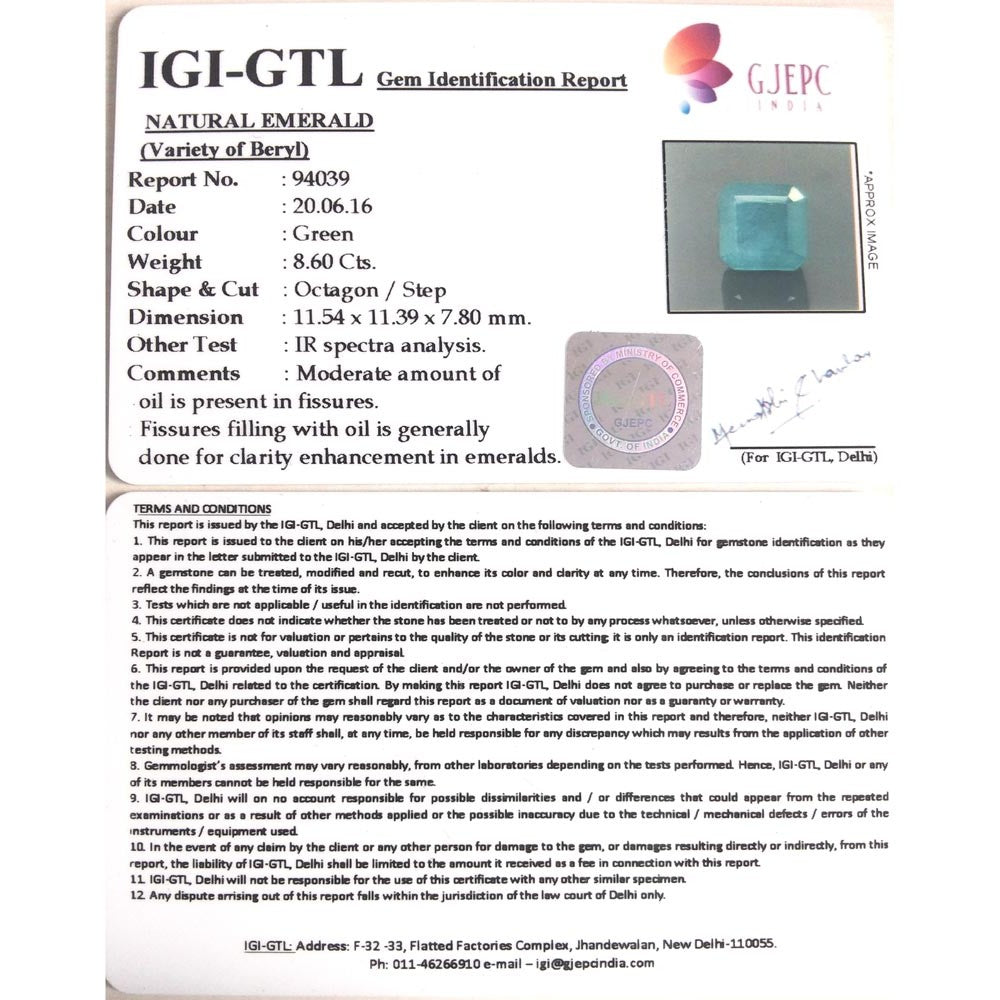 8.60/CT Natural Panna Stone with Govt. Lab Certificate (8991)