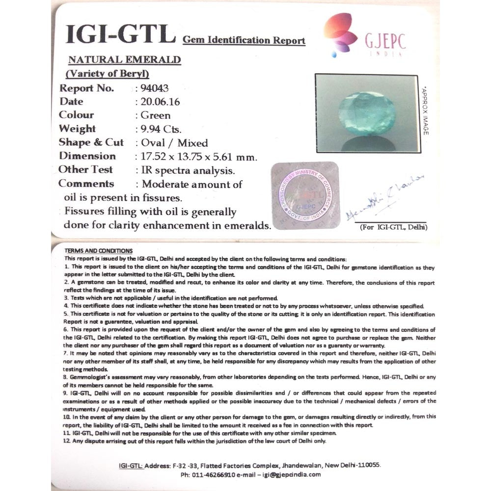 9.9/CT Natural Panna Stone with Govt. Lab Certificate (12210)