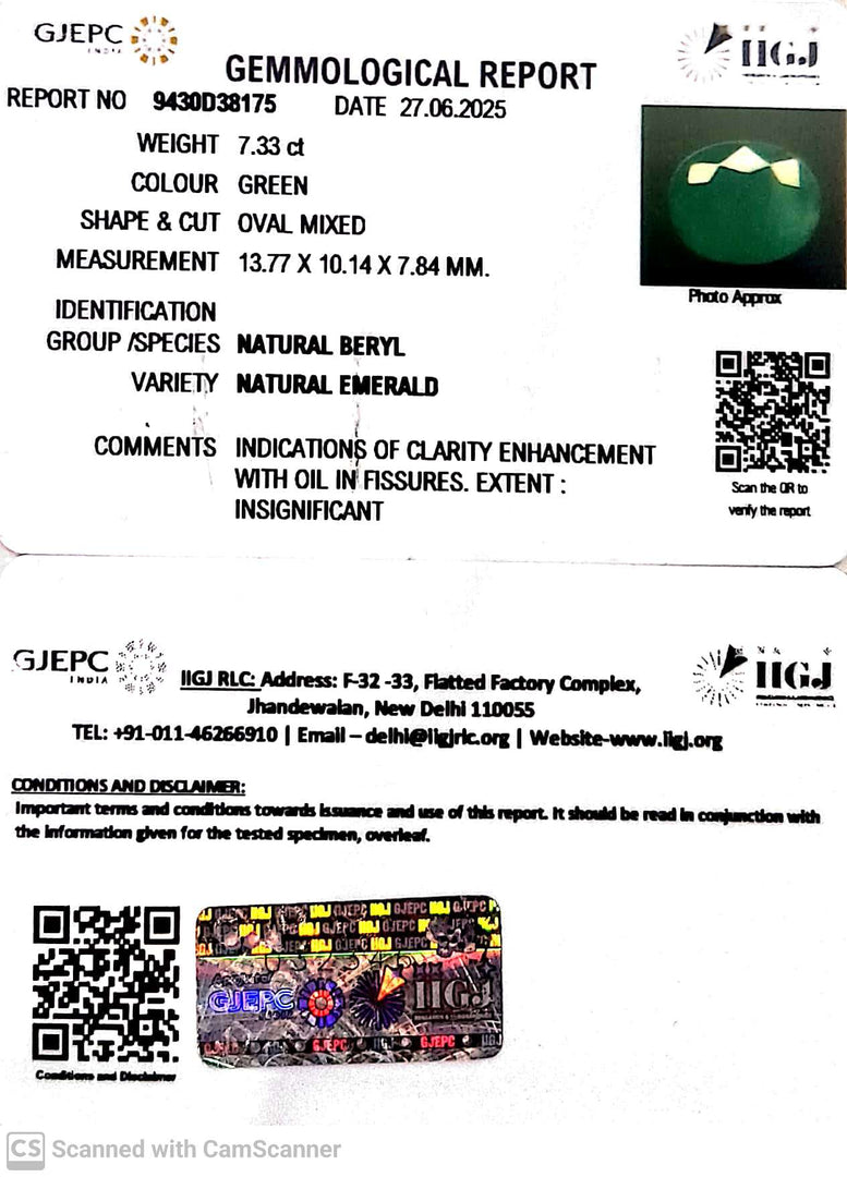 7.33/CT Natural Panna Stone with Govt. Lab Certificate (6771)