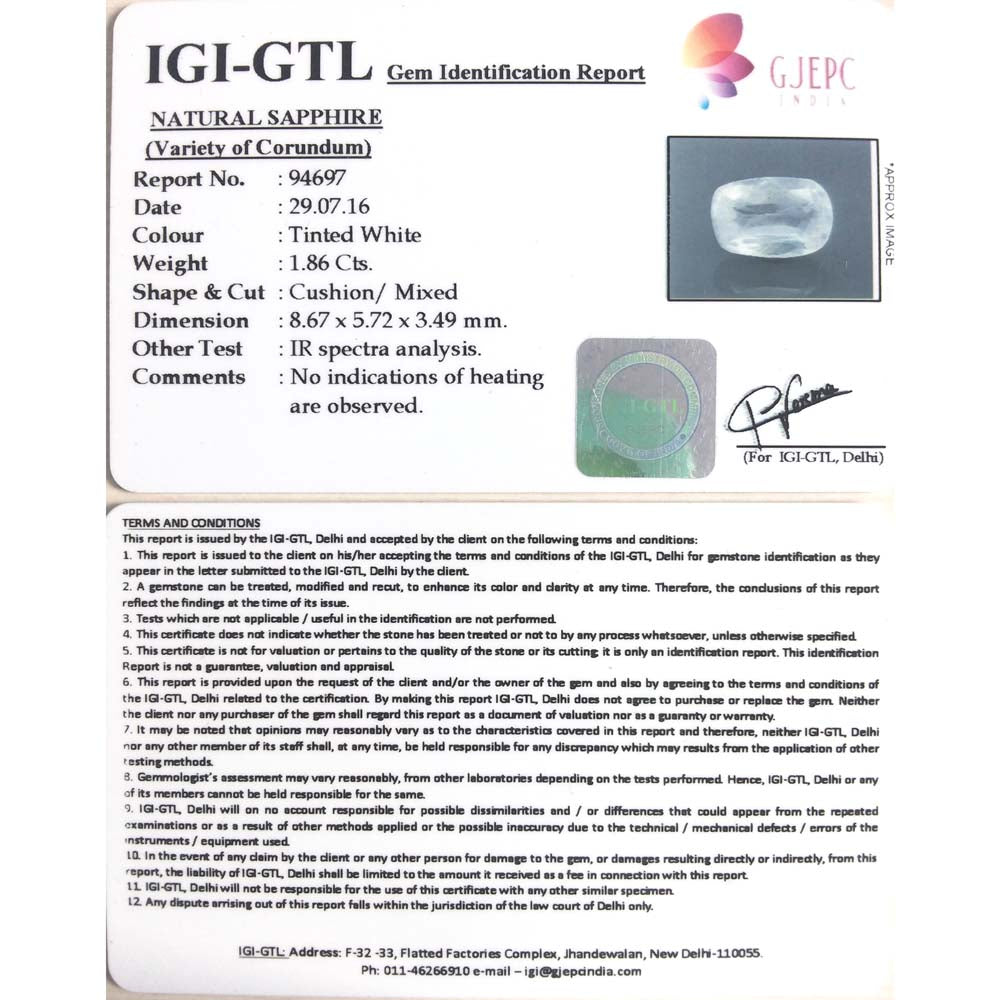 2.07 Ratti White sapphire with Govt Lab Certificate-(23310)