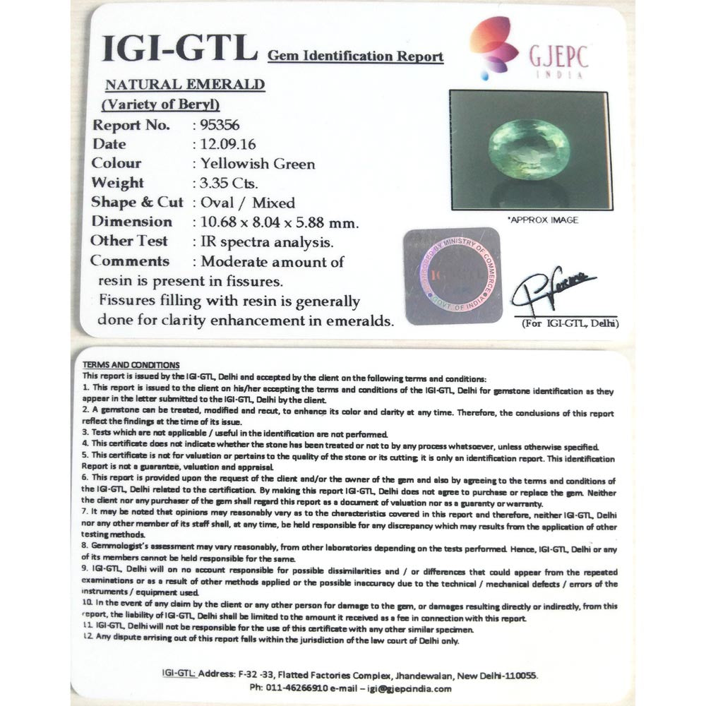 3.35/CT Natural Panna Stone with Govt. Lab Certificate (89910)
