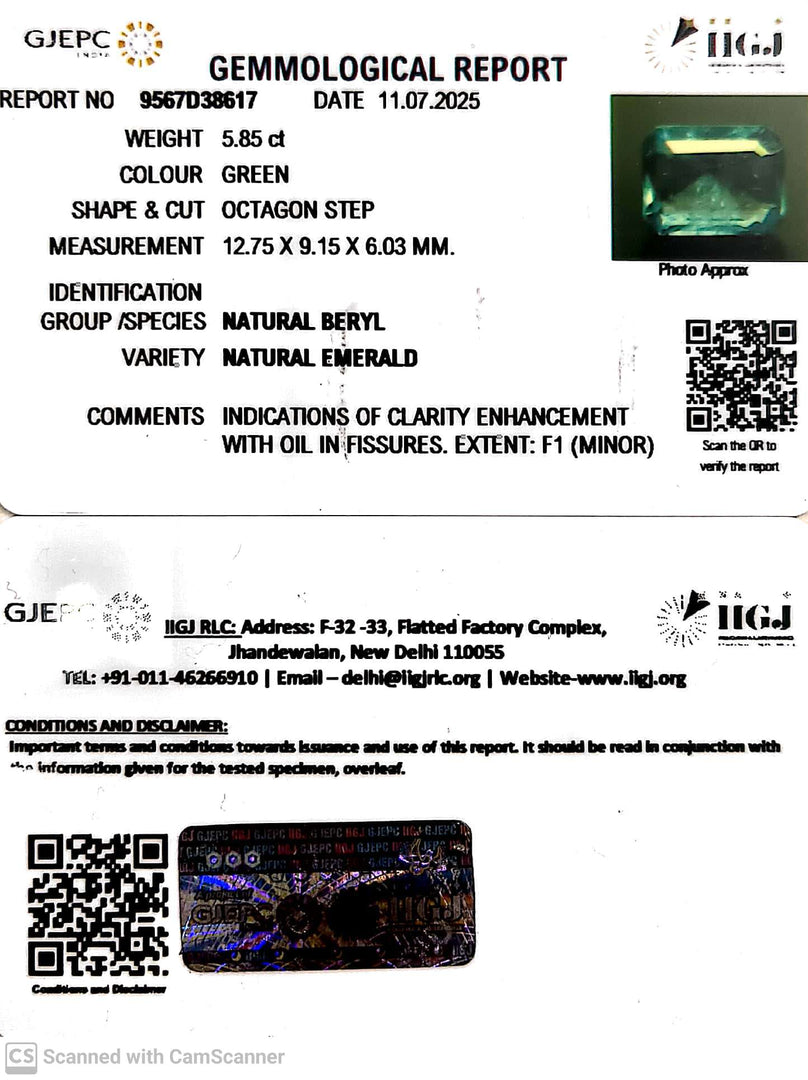 5.85/CT Natural Panna Stone with Govt. Lab Certificate (56610)