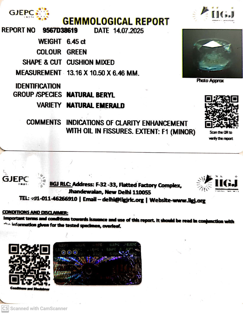 6.45/CT Natural Panna Stone with Govt. Lab Certificate (56610)