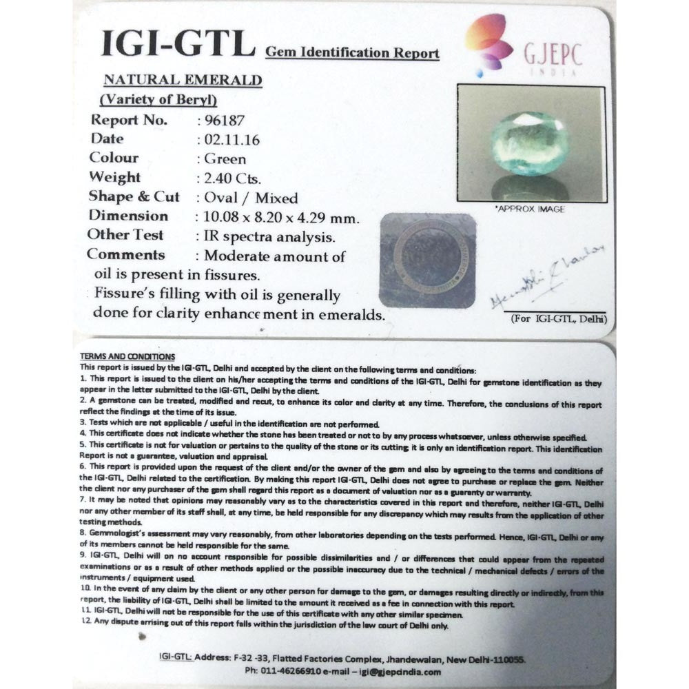 2.40/CT Natural Emerald Stone with Govt. Lab Certificate (12210)
