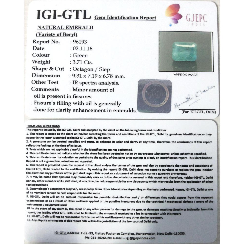 3.71/CT Natural Emerald Stone with Govt. Lab Certificate (12210)