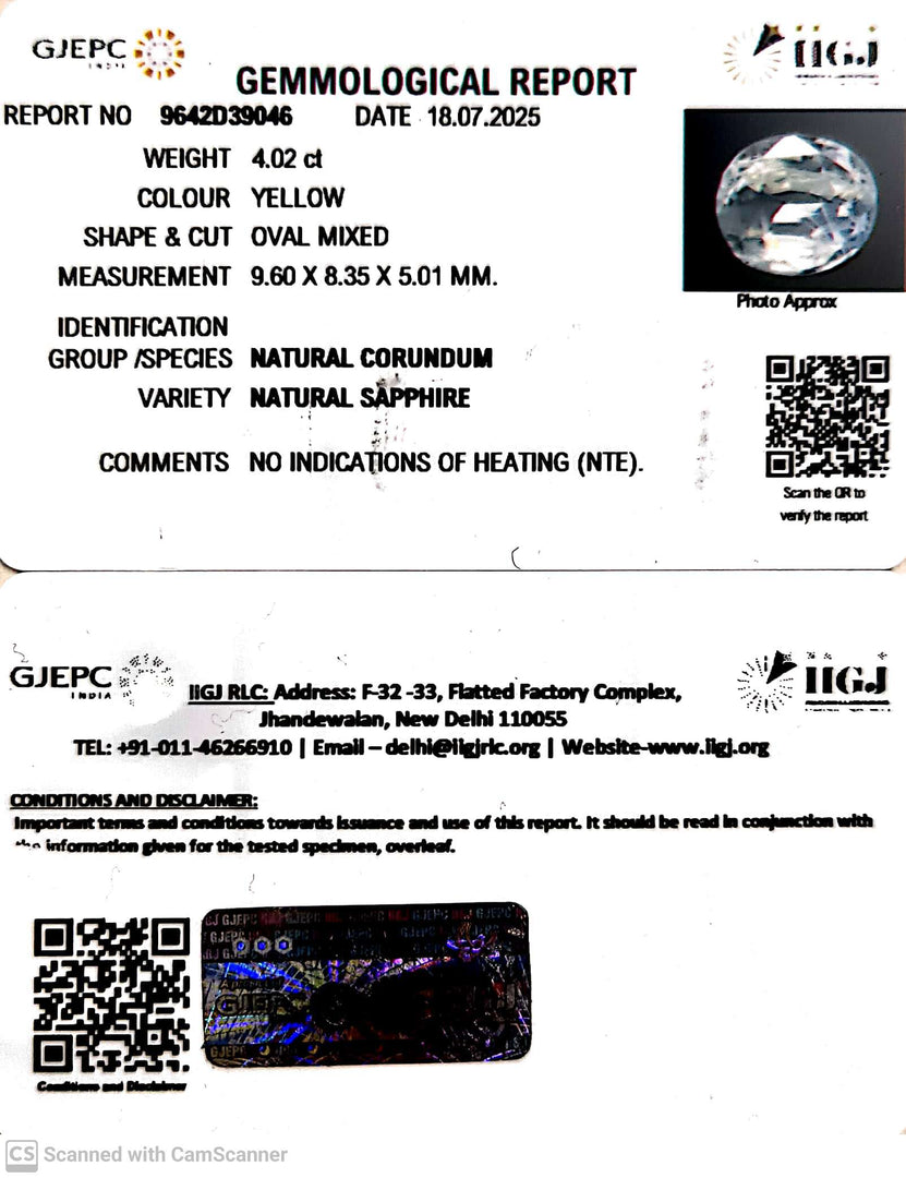 4.02/CT Natural Yellow Sapphire With Govt Lab Certificate (45510)