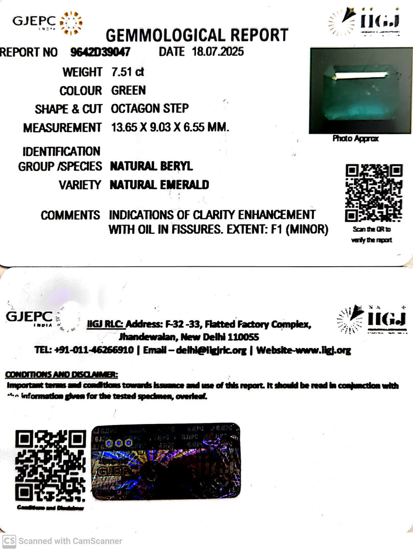 7.51/CT Natural Panna Stone with Govt. Lab Certificate (56610)