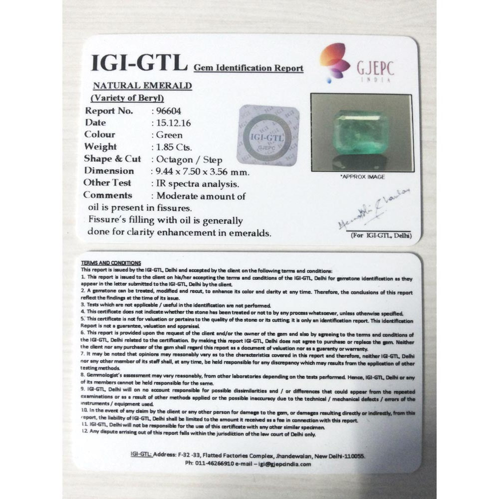 1.85/CT Natural Panna Stone with Govt. Lab Certificate (8991)