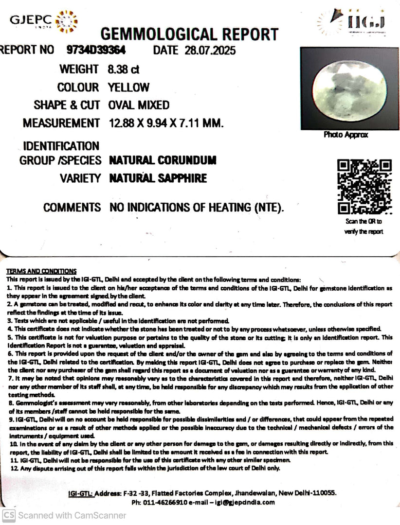 8.38/CT Natural Yellow Sapphire With Govt Lab Certificate (16650)