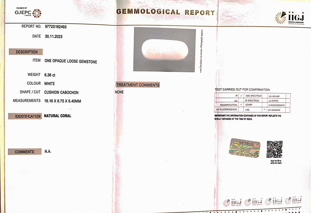 6.36/CT White Coral with Govt. Lab Certified (1500)