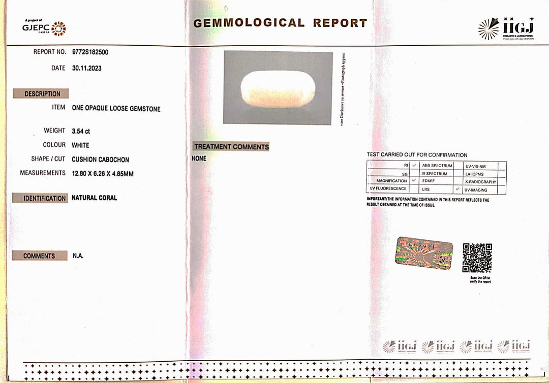 3.54/CT White Coral with Govt. Lab Certified (1500)