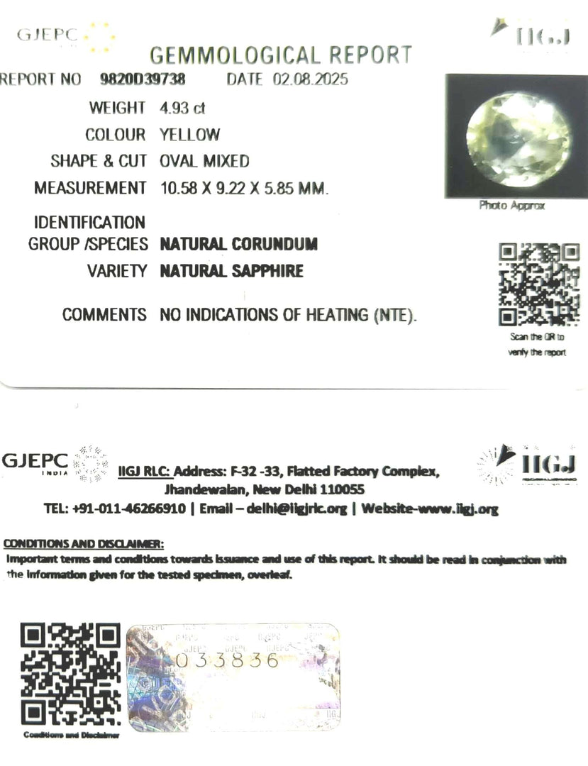 4.93/CT Natural Yellow Sapphire With Govt Lab Certificate (45510)
