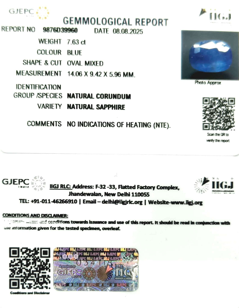 7.63/CT Natural Blue Sapphire with Govt Lab Certificate (6771)