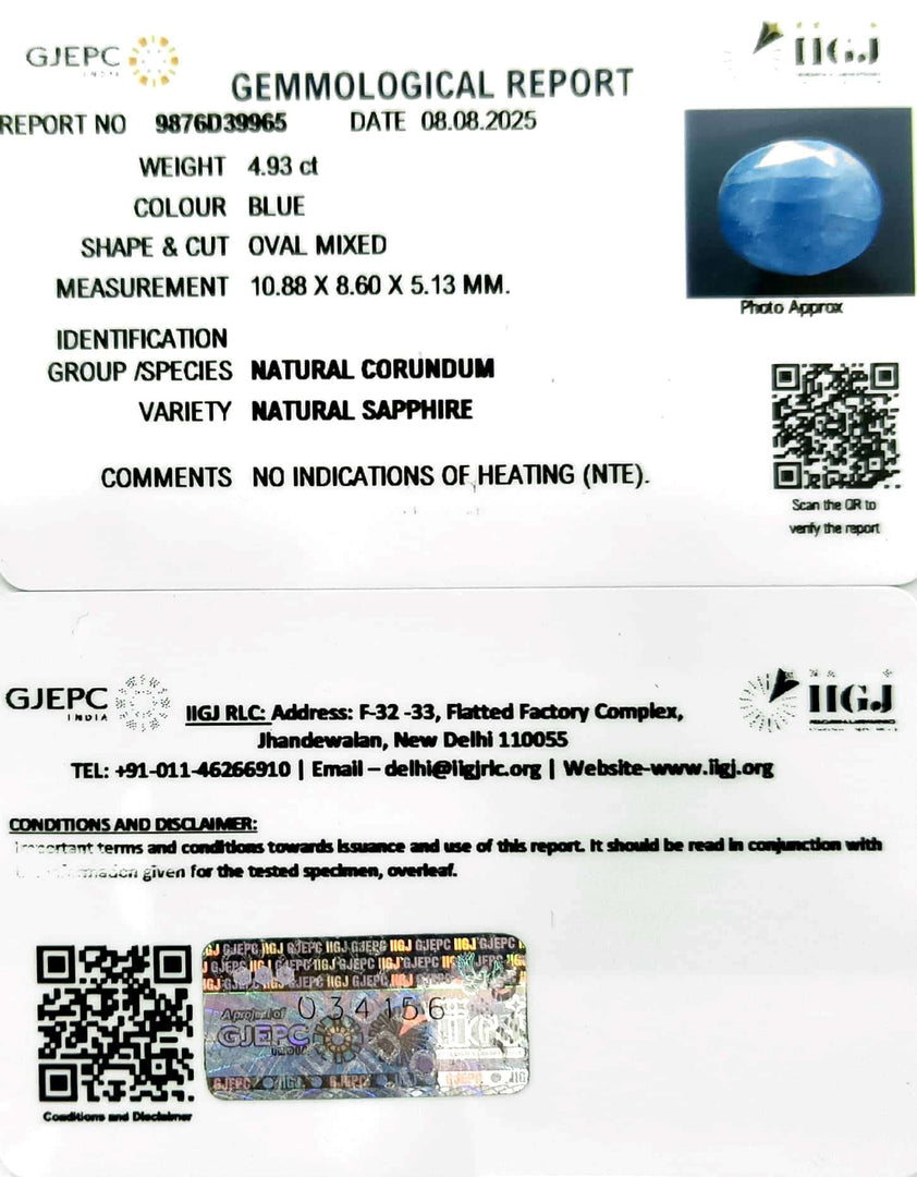 4.93/CT Natural Blue Sapphire with Govt Lab Certificate (4551)