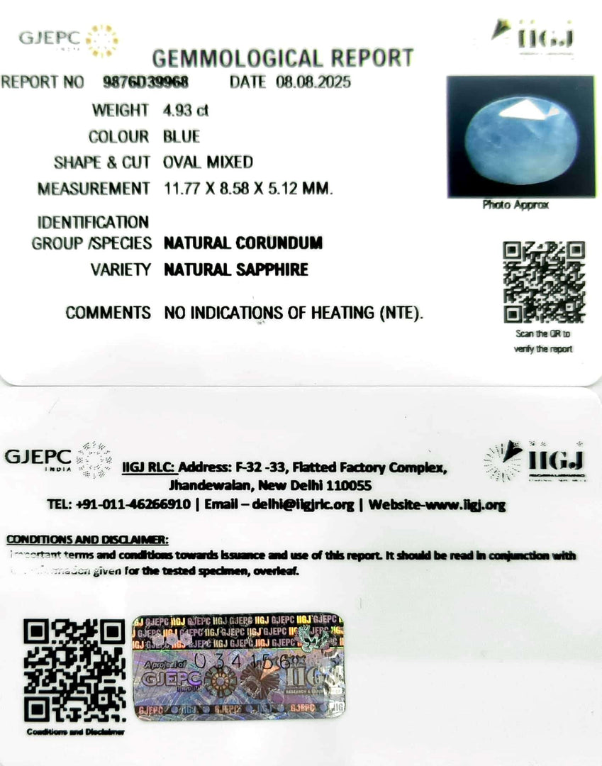 4.93/CT Natural Blue Sapphire with Govt Lab Certificate (6771)