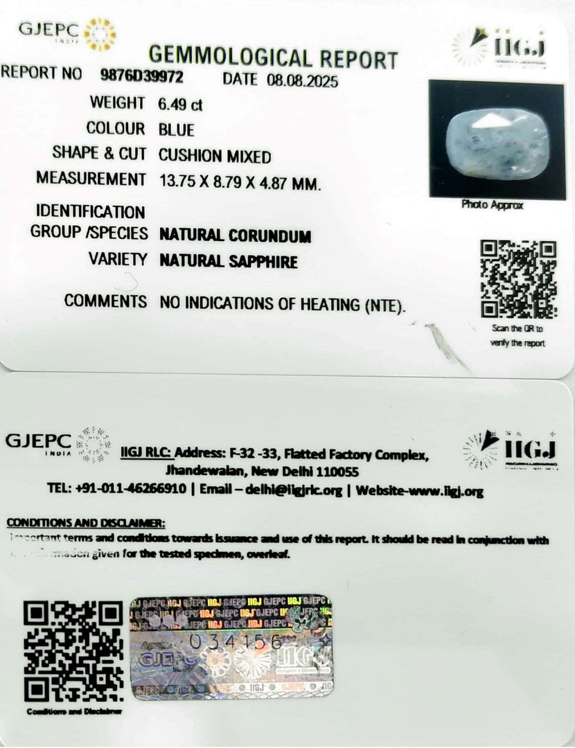 6.49/CT Natural Blue Sapphire with Govt Lab Certificate (6771)