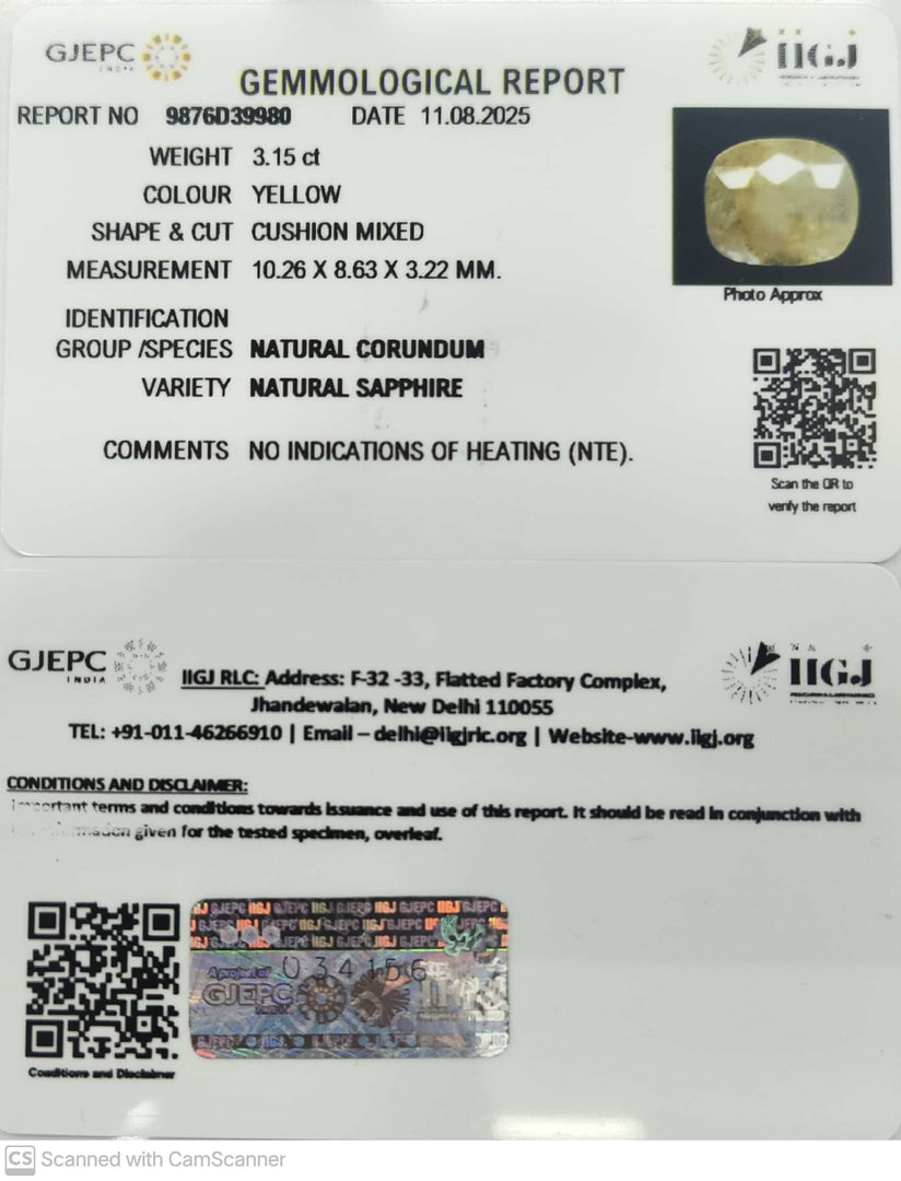 3.15/CT Natural Yellow Sapphire With Govt Lab Certificate (4551)