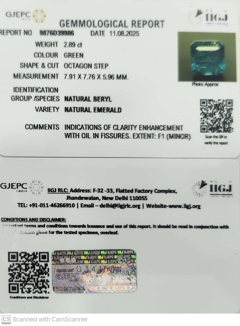 2.89/CT Natural Panna Stone with Govt. Lab Certificate (45510)