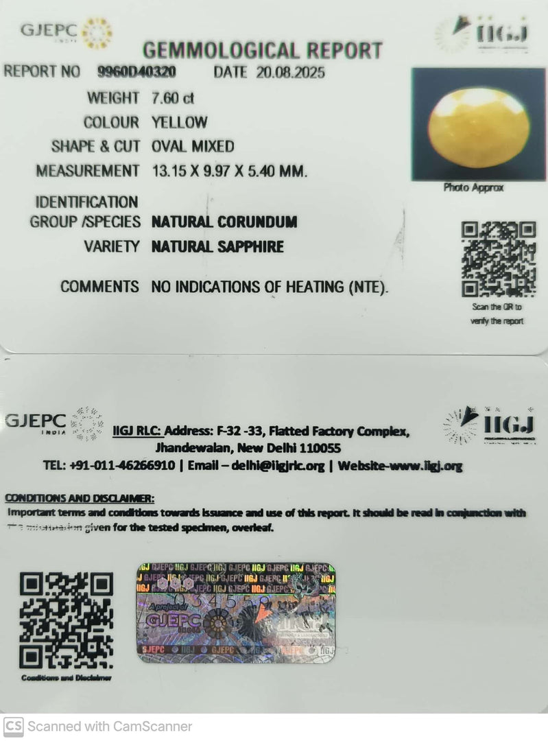 7.60/CT Natural Yellow Sapphire With Govt Lab Certificate (1221)