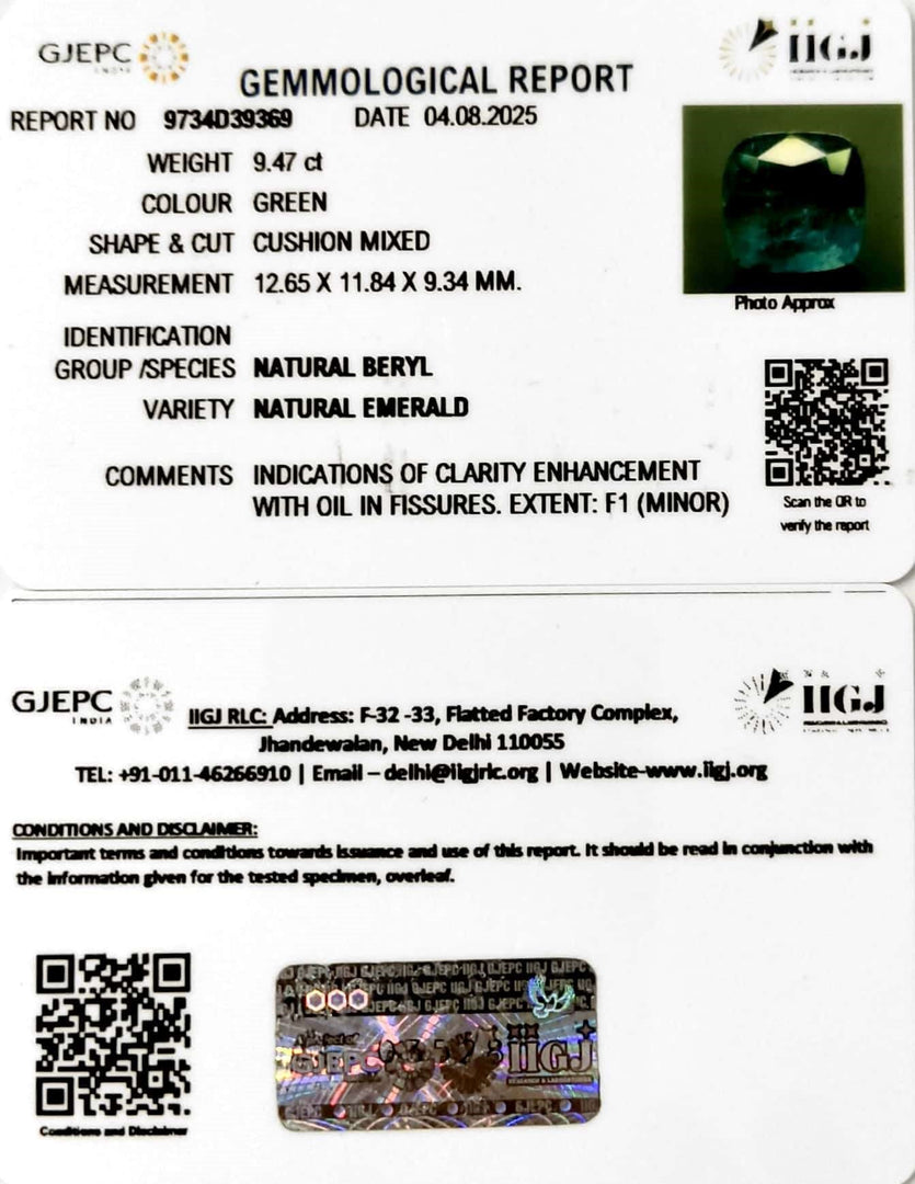 9.47/CT Natural Panna Stone with Govt. Lab Certificate (34410)