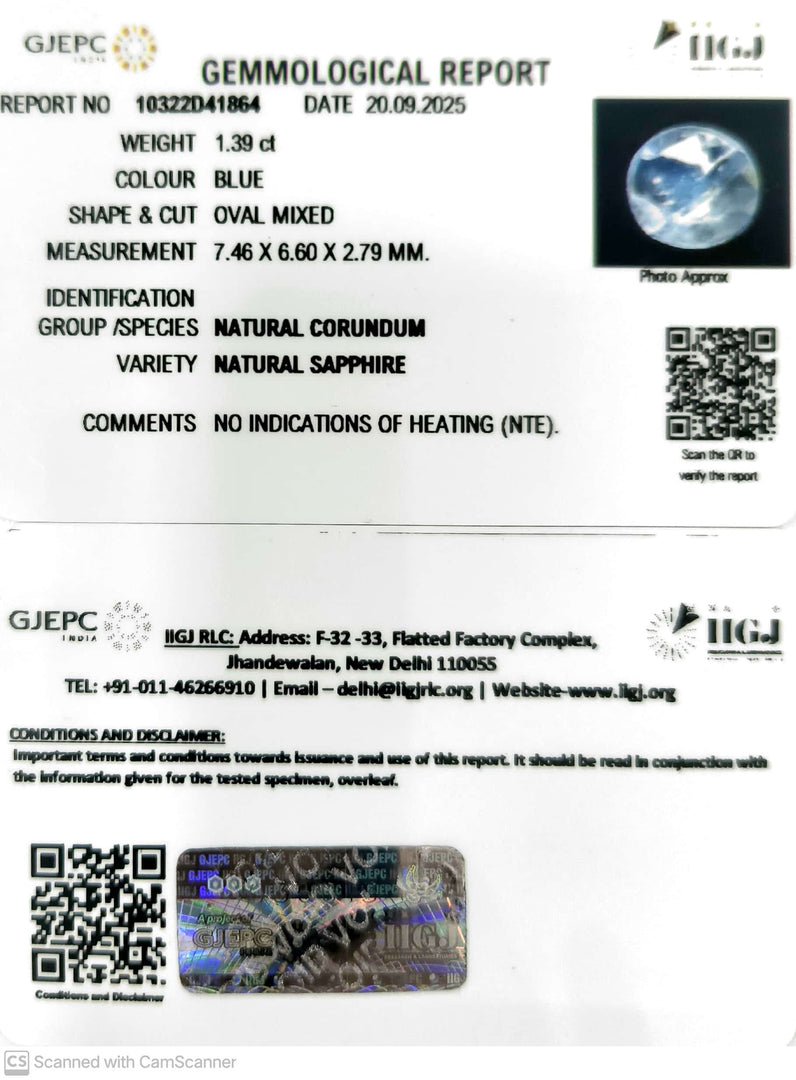 1.39/CT Natural Blue Sapphire with Govt Lab Certificate (12210)