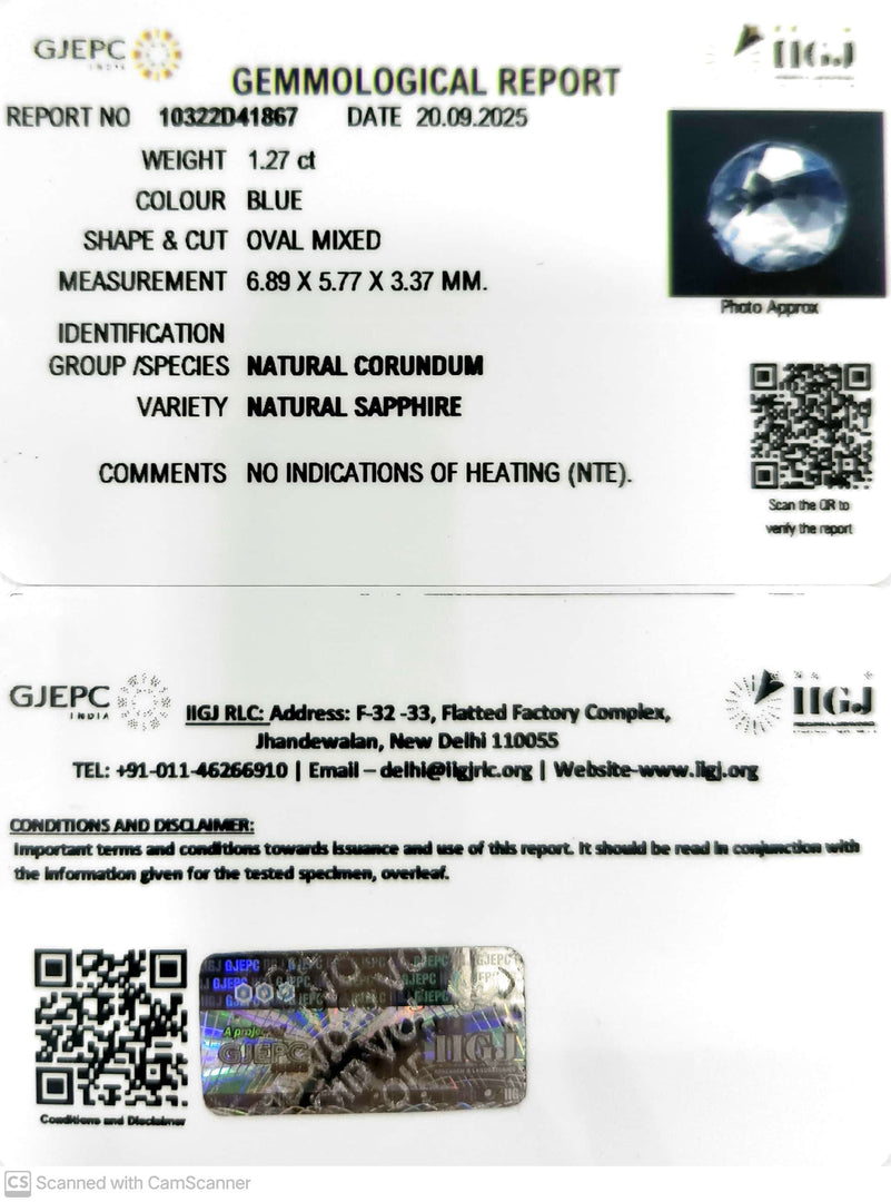 1.27/CT Natural Blue Sapphire with Govt Lab Certificate (23310)
