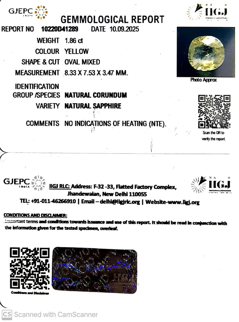 1.86/CT Natural Yellow Sapphire With Govt Lab Certificate (23310)