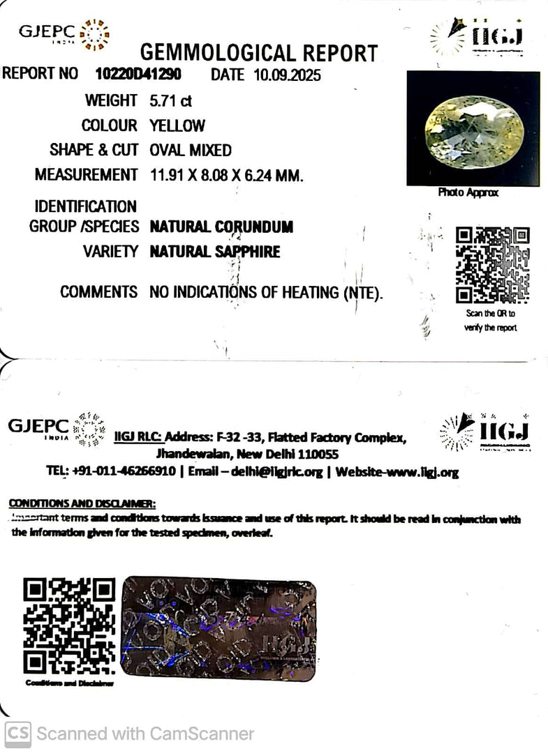 5.71/CT Natural Yellow Sapphire With Govt Lab Certificate (34410)