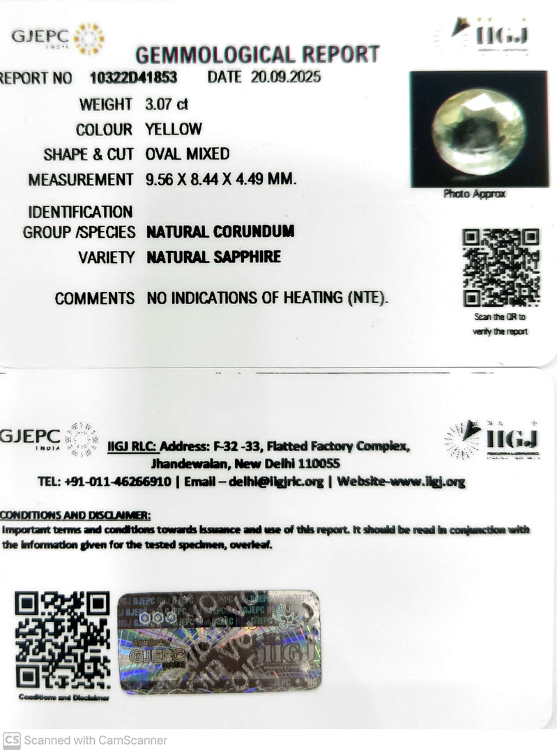 3.07/CT Natural Yellow Sapphire With Govt Lab Certificate (12210)