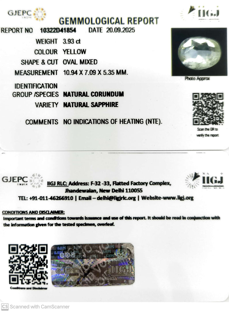 3.93/CT Natural Yellow Sapphire With Govt Lab Certificate (23310)